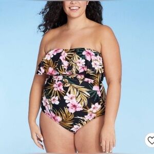 Kona Sol One Piece Floral Black Swimsuit 22W High Coverage Tropical Print